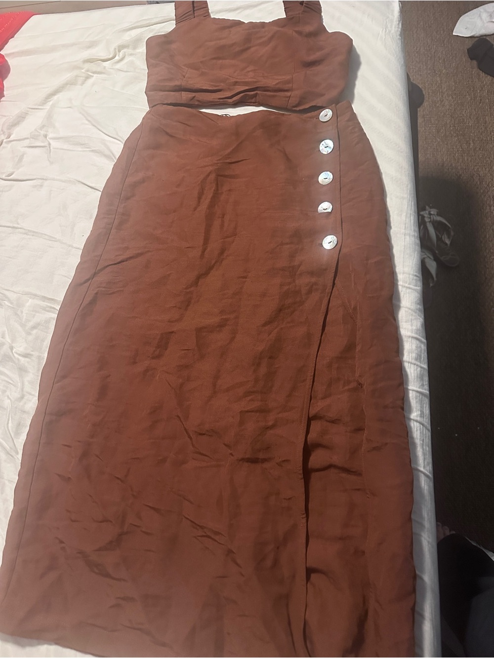 Brown Button-Accent Midi Skirt and crop set